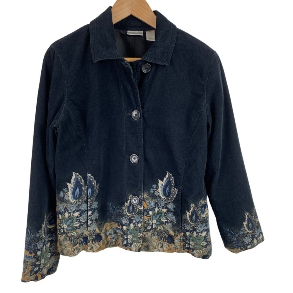 Chico's Womens Size 1 Black w/ Multicolor Flowers Corduroy Jacket Blazer Lined